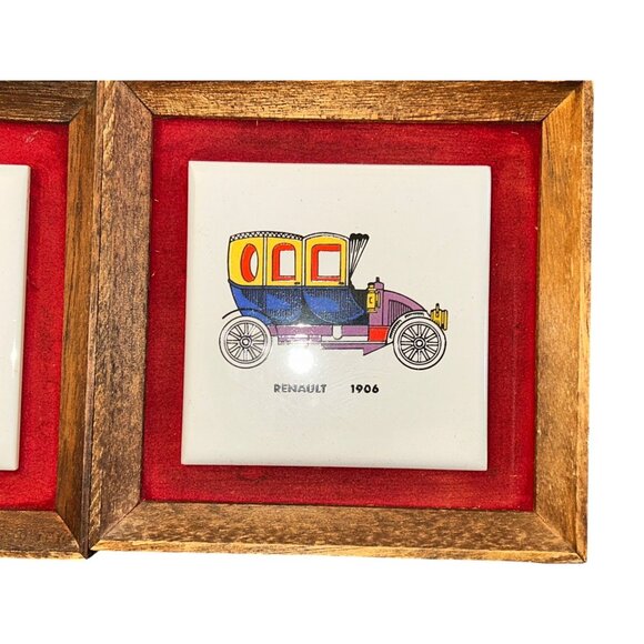 Vintage Framed Ceramic Tile Art Set Of 3 Antique Cars Cadillac Rolls Royce Renau - Picture 4 of 7